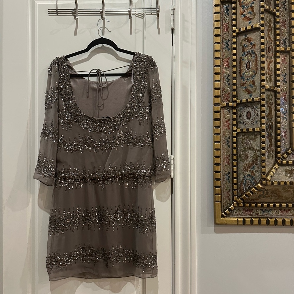 Adrianna Papell Gray Sequin Bell Sleeve Mini Dress